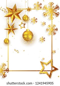 Glossy golden stars, baubles and snowflakes decorated on white background with space for your text. Can be used as greeting card design.