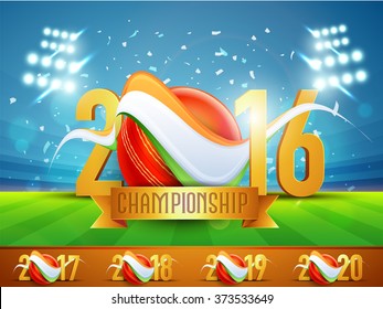 Glossy Golden Text 2016 With Red Ball And Indian National Flag Color Waves On Stadium Lights Background For Cricket Championship Concept.