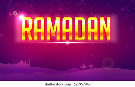 Glossy Golden Text Ramadan on desert view background for Muslim Community Festivals celebration concept.