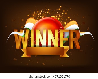 Glossy golden text Winner with blank ribbon and red ball on Indian Flag color waves decorated shiny brown background for Cricket Sports concept.