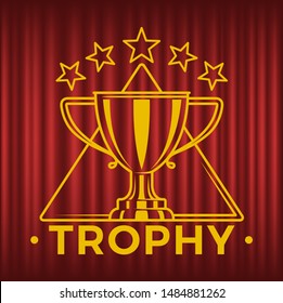 Glossy golden trophy cup in triangle with five stars. Victory reward, metal goblet . First place prize for winner, championship vector illustration. Red curtain theater background