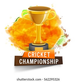 Glossy Golden Winner Trophy on paint stroke background for Cricket Championship concept.