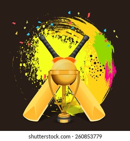 Glossy golden winning trophy with bat on colorful splash background for Cricket concept.