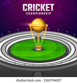 Glossy golden winning trophy on night stadium background for Cricket Championship template or banner design.