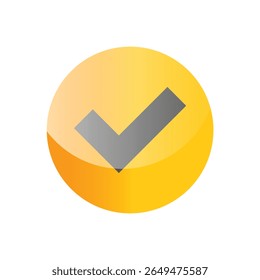 A glossy, golden-yellow circle contains a gray checkmark, centrally positioned; bright, diffused light creates a cheerful, affirmative mood with a digital, graphic design aesthetic.