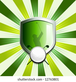 Glossy golf shield emblem on green starburst background