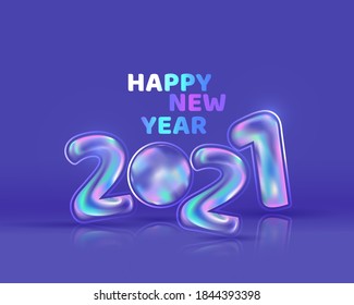 Glossy Gradient Balloon 2021 Number On Blue Background For Happy New Year.