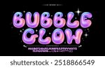 Glossy gradient bubble font. Inflated alphabet, 3D colorful ballon letters and numbers. Vector set