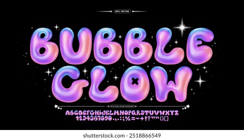 Glossy gradient bubble font. Inflated alphabet, 3D colorful ballon letters and numbers. Vector set