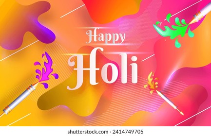 El degradado brillante de arte rosa y amarillo fluido Resumen fondo con pistolas de agua para el diseño de la tarjeta de celebración de Holi Feliz.
