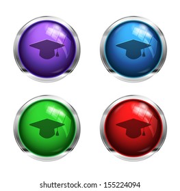 Glossy graduation cap buttons: red, green, blue and purple