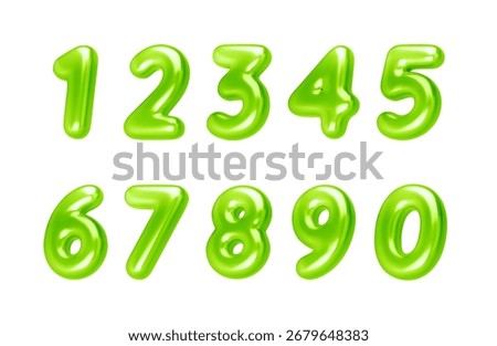 Glossy green 3d balloon numbers. Chrome font for eco design, party flyer, discount banner, birthday card, modern poster, digital template, isolated vector illustration