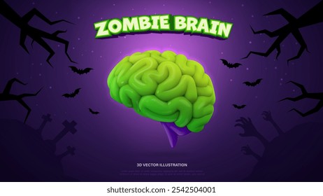 Glossy green 3D brain in a haunted cemetery, surrounded by eerie shadows and tombstones,  Halloween or horror celebrate theme. Cute kids atmospheric vector illustration.