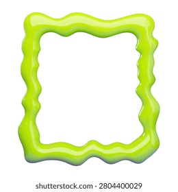 A glossy green 3D vector illustration wavy frame isolated on a white background. Features a melting, slime-like cartoon border with a shiny plastic texture. 
