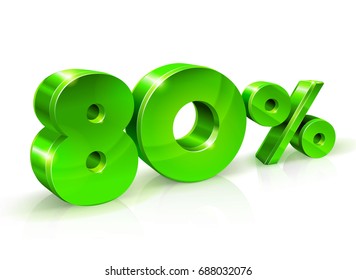 Glossy green 80 Eighty percent off, sale. Isolated on white background, 3D object. Vector illustration.