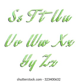 Glossy green alphabet with stripes on white background. illustration. EPS