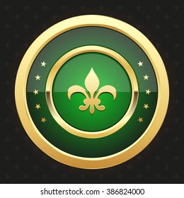 Glossy green badge with gold border on black background