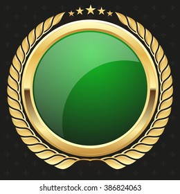 Glossy green badge with gold border on black background