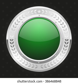 Glossy green badge with silver border on black background