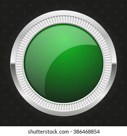 Glossy green badge with silver border on black background