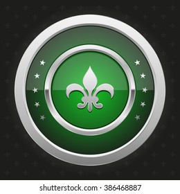 Glossy green badge with silver border on black background