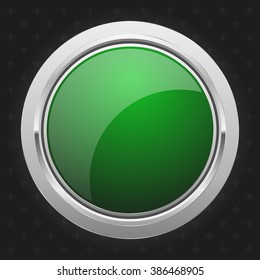 Glossy green badge with silver border on black background