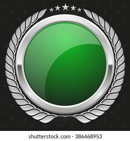 Glossy green badge with silver border on black background