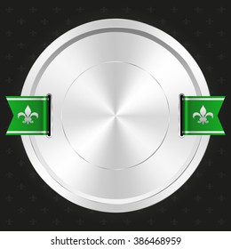 Glossy green badge with silver border on black background