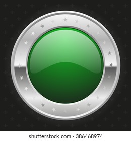 Glossy green badge with silver border on black background