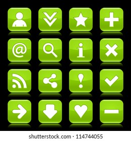 Glossy green button with basic sign. Rounded square shape internet web icon with  color reflection on black background. This vector illustration saved 8 eps