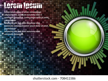 glossy green button with round graphic equalizer on colorful pixel grid