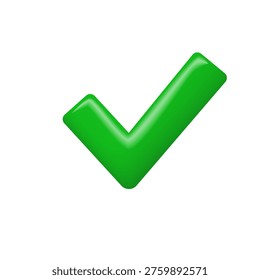 Glossy green check mark icon. Vector illustration of a 3D tick symbol, emblem of success, approval, task completion and right choice.