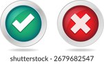 Glossy green checkmark and red cross vector icons. Perfect approval and rejection symbols for apps, websites, UI UX design, and digital buttons. Isolated on transparent background.