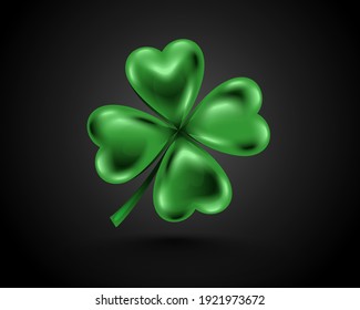 Glossy green clover leaf, dark vector illustration for St. Patrick day. Isolated four-leaf on black background