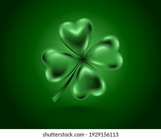 Glossy green clover leaf, vector illustration for St. Patrick day. Isolated four-leaf on green background