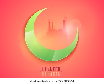 Glossy green crescent moon with mosque on shiny pink background for Islamic festival, Eid-Al-Fitr celebration.