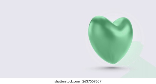 Glossy Green Heart in Minimal 3D Style with Soft Light and Floating Shadow. Ideal for Love, Romance, or Social Media Themes. Vector Illustration.