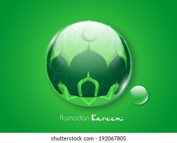 Glossy green icon with silhouette of mosque for holy month of muslim community Ramadan Kareem.