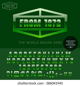 Glossy green logotype for organic and ecologic product shop. Vector set of letters and numbers