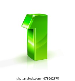 Glossy green One 1 number. 3d Illustration on white background. Vector