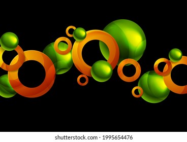 Glossy green orange abstract circles and balls geometric background. Technology vector design