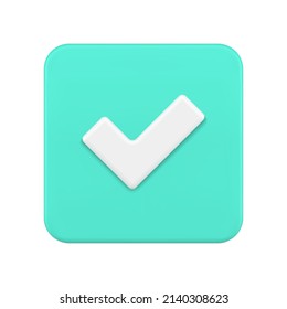 Glossy green positive vote button with checkmark accept complete task badge 3d icon realistic vector illustration. Success confirmation logotype keypad agree approved check mark. Done checkbox