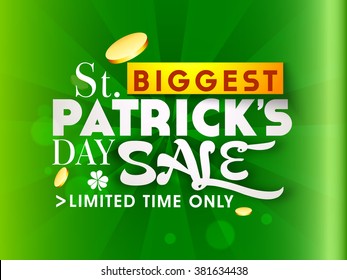 Glossy green Poster, Banner or Flyer design of Limited Time Biggest Sale on occasion of St. Patrick's Day celebration.