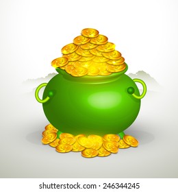 Glossy green pot full of gold coins on grey background for Happy St. Patrick's Day celebration. - Shutterstock ID 246344245