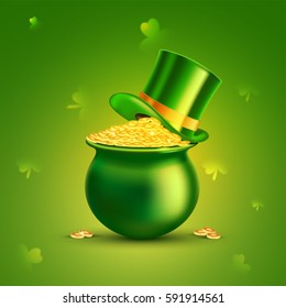 Glossy Green Pot full of Gold Coins with Leprechaun Hat on shamrock leaves decorated background for Happy St. Patrick's Day celebration.