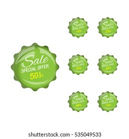 Glossy green price sale tags stickers set.