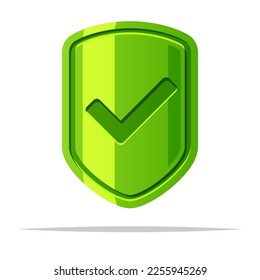 Glossy green shield with check mark vector isolated illustration