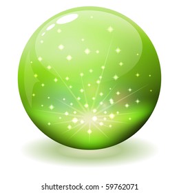 Esfera verde brillante con chispas adentro.