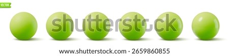 Glossy green spheres. 3D model bubble collection realistic yellow balls with smooth surfaces and shadows. Ideal for backgrounds mockup object modern design. Vector illustration shiny plastic globe set