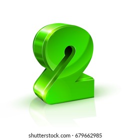 Glossy green Two 2 number. 3d Illustration on white background. Vector